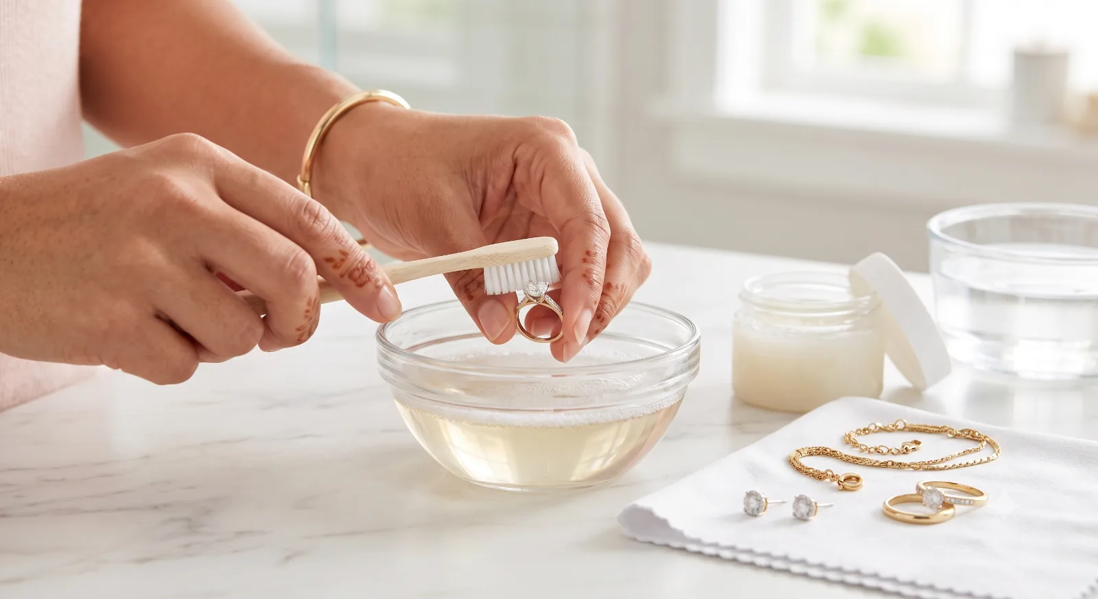 Cleaning a gold ring in a bowl of warm soapy water with a soft toothbrush, beside gold bracelets and earrings on a cloth