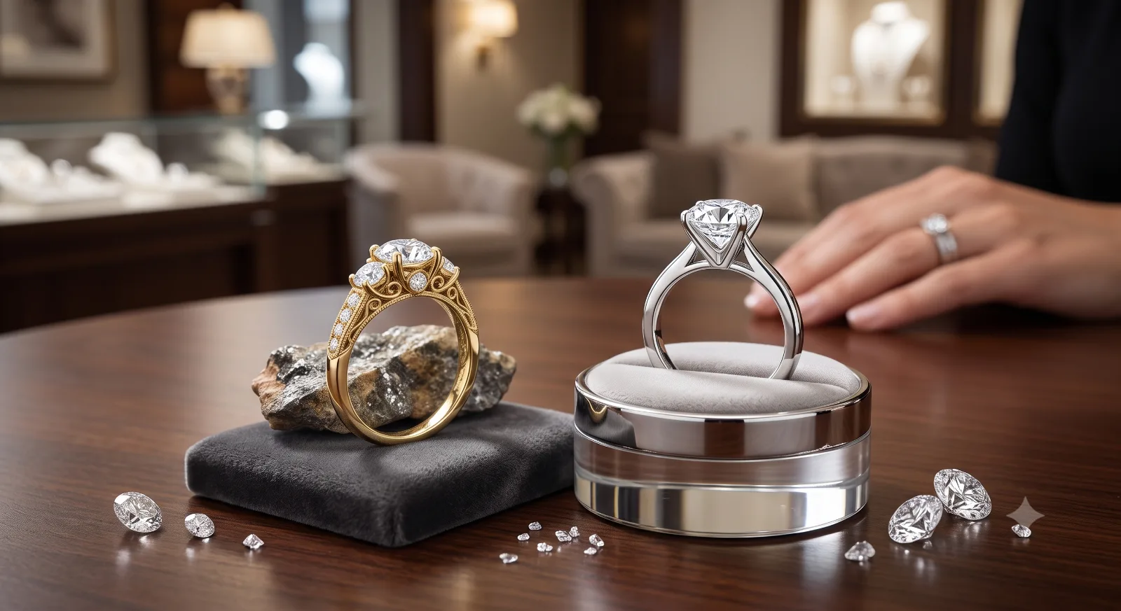 A yellow gold diamond ring on rough stone beside a white gold solitaire in a ring box, with loose diamonds on the table