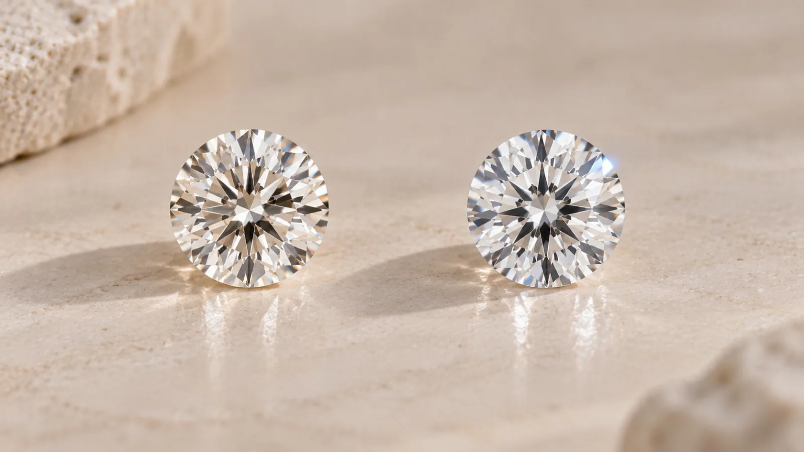 Macro side-by-side product view of two identical round brilliant cut diamonds resting on a neutral textured travertine stone surface under bright direct sunlight