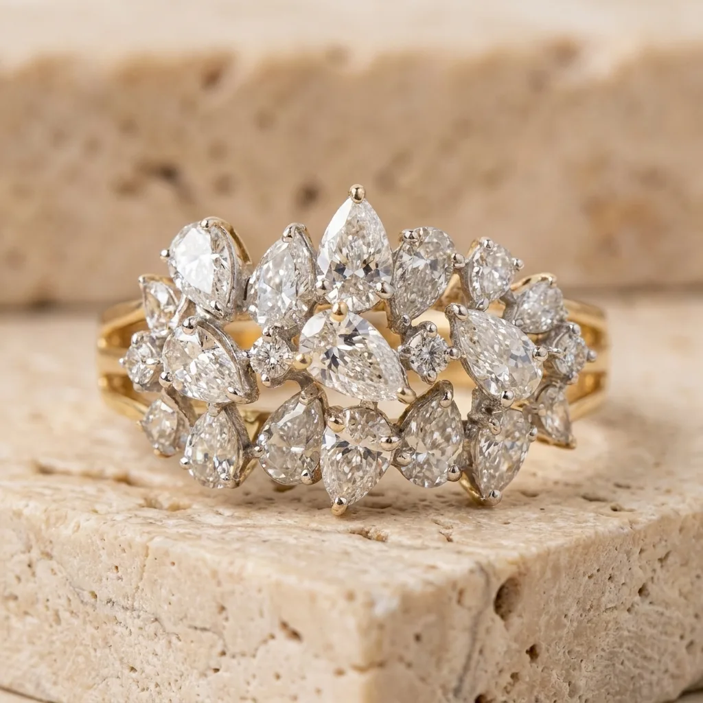 A halo cluster lab grown diamond ring on a pale surface